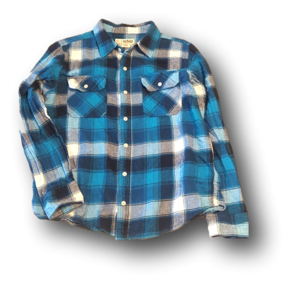Turquoise black and white plaid flannel button-down shirt - Picture 1 of 2